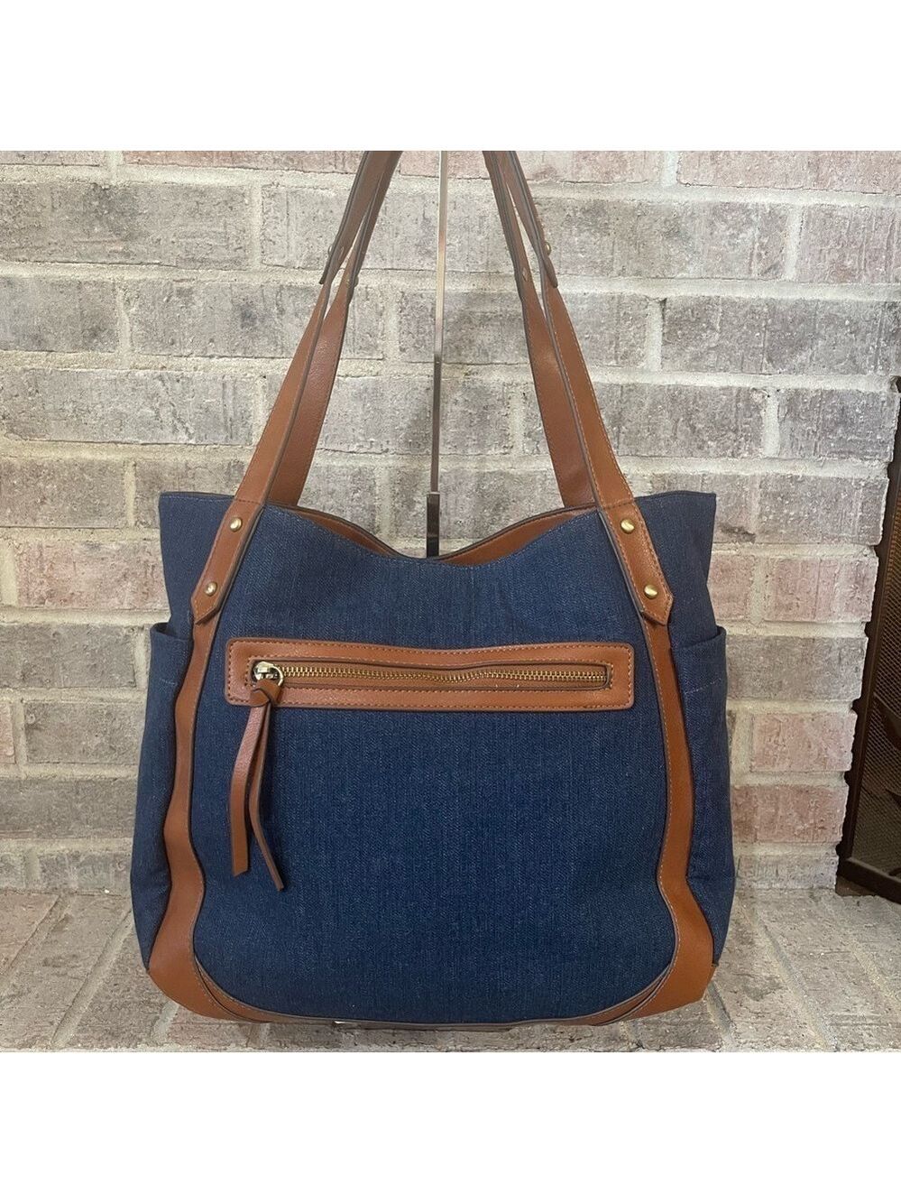 Stylish Denim and Brown Tote Bag